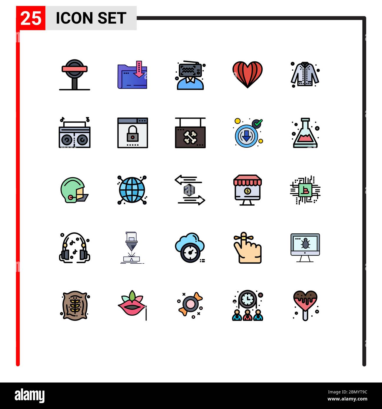 Set of 25 Modern UI Icons Symbols Signs for coat, like, blogger, love, umbrella Editable Vector Design Elements Stock Vector