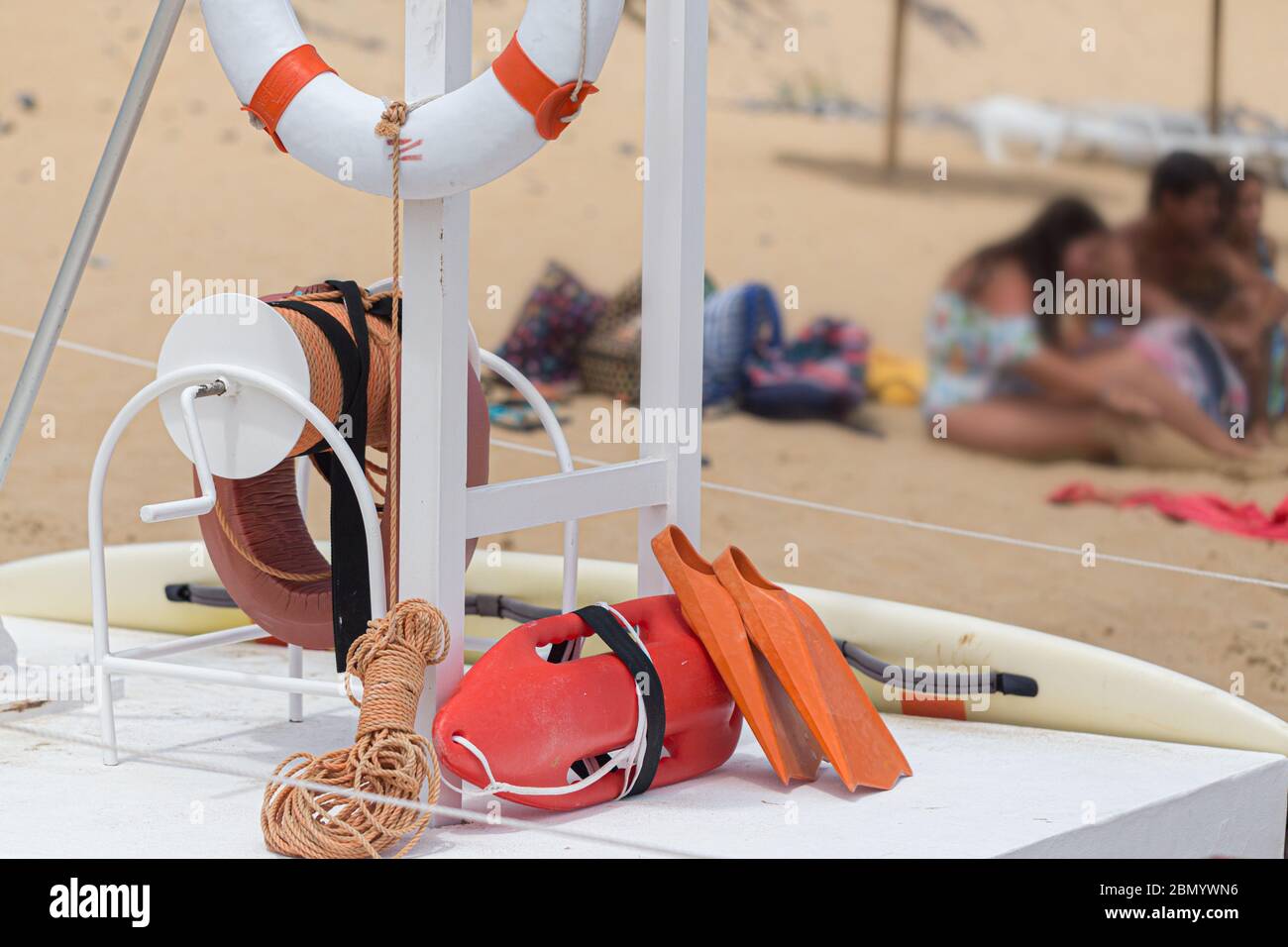 Rescue equipment on the beach: lifeline, flippers, rope and more Stock ...