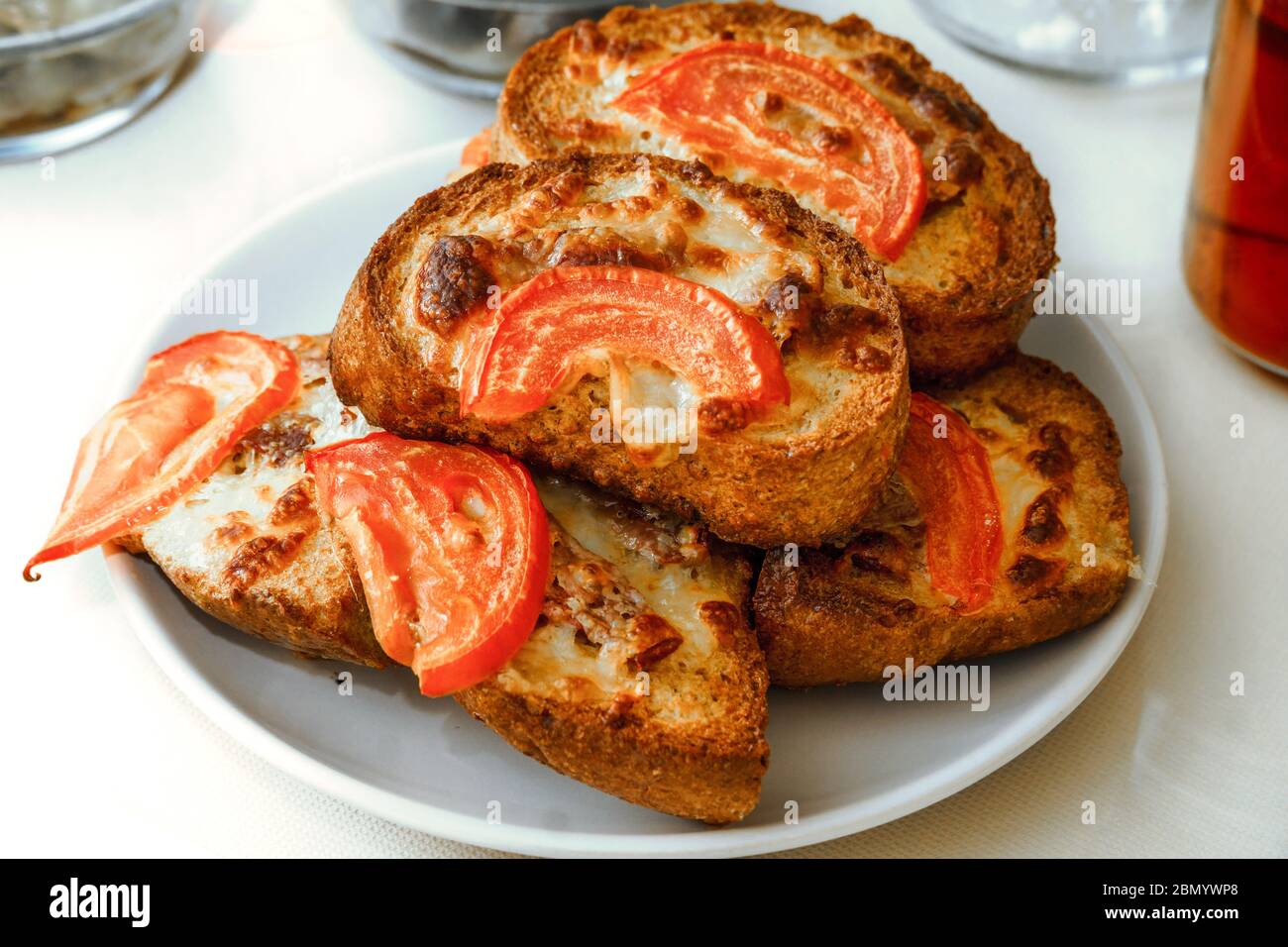toast sliced bread with cheddar tomato and egg Stock Photo Alamy