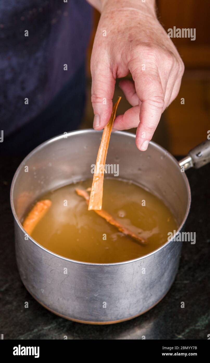 Woman adding raw cinnamon to vinegar for pickling solution for home-canned pickled beets Stock Photo
