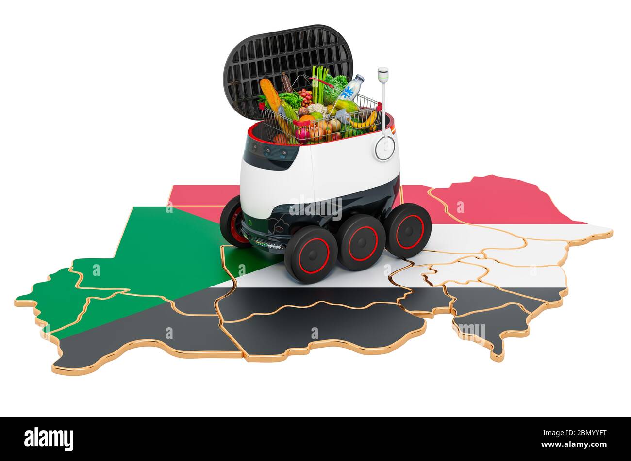 Autonomous delivery robot in Sudan, 3D rendering isolated on white background Stock Photo