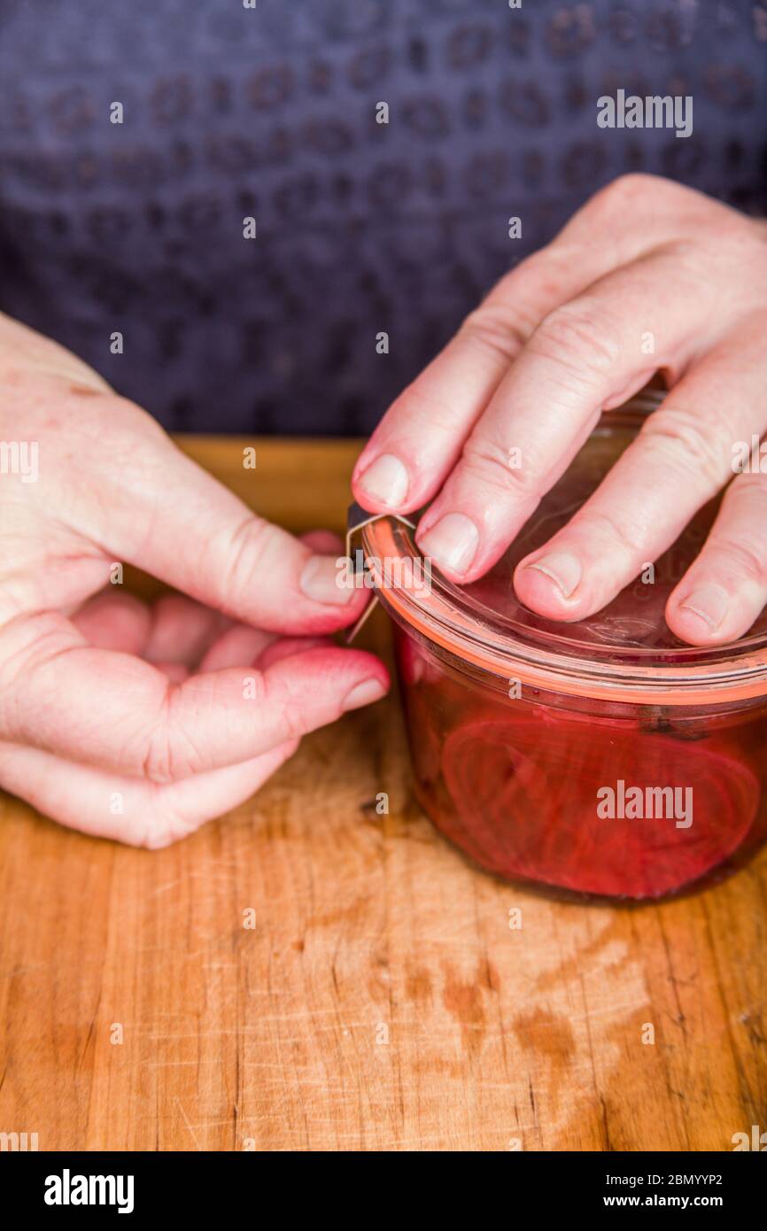 Shown is a Weck canning jar (of pickled beets) which is made of thick