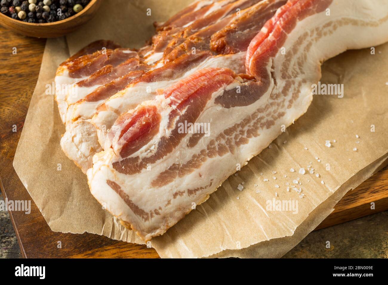 Raw Organic Uncured Salty Bacon Ready to Cook Stock Photo