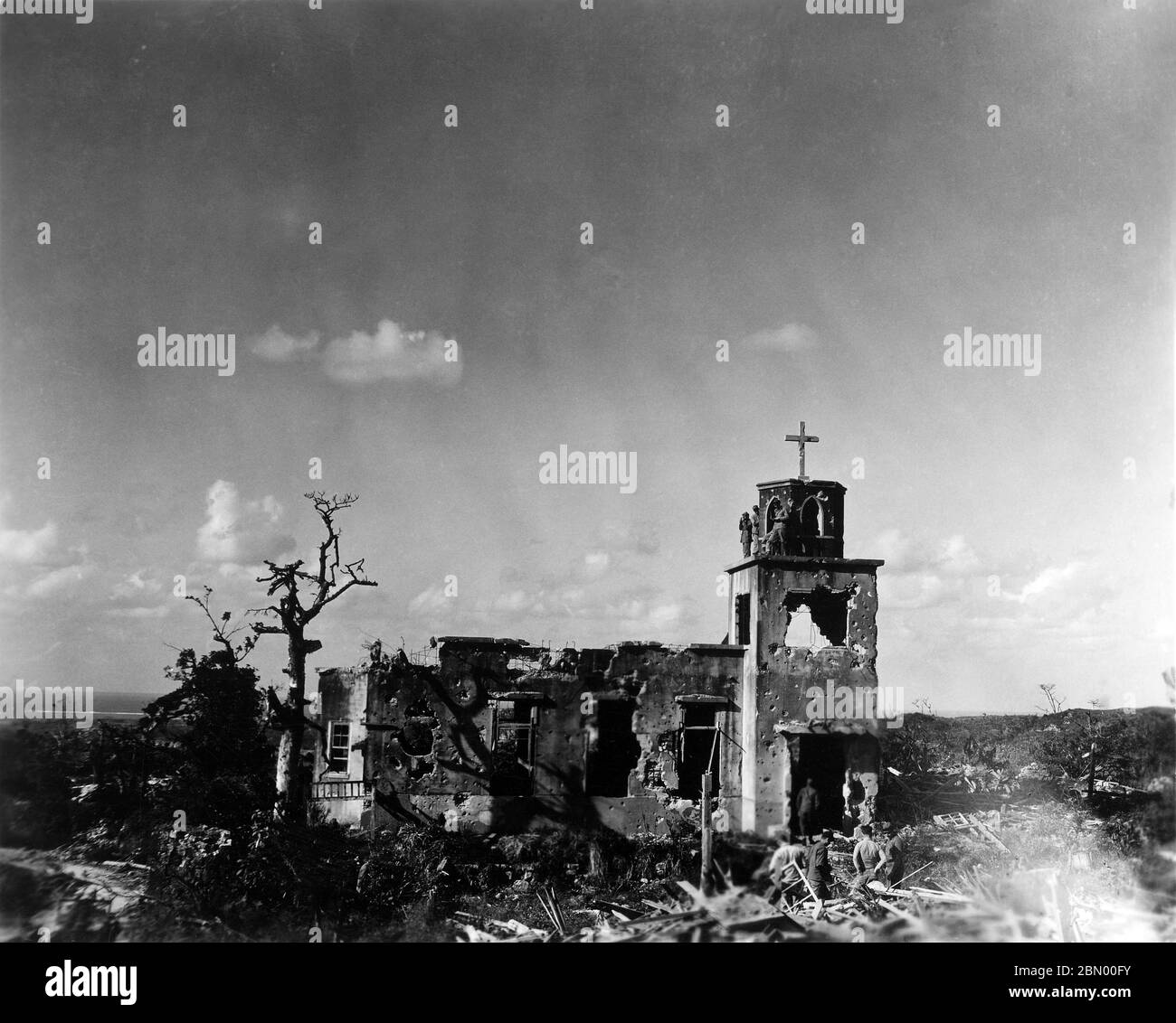 [ 1946 Japan - WWII Ruins of Okinawa Church ] —   WWII Ruins of a church below Shuri Castle (首里城) in Naha, Okinawa, 1946 (Showa 21).  20th century gelatin silver print. Stock Photo