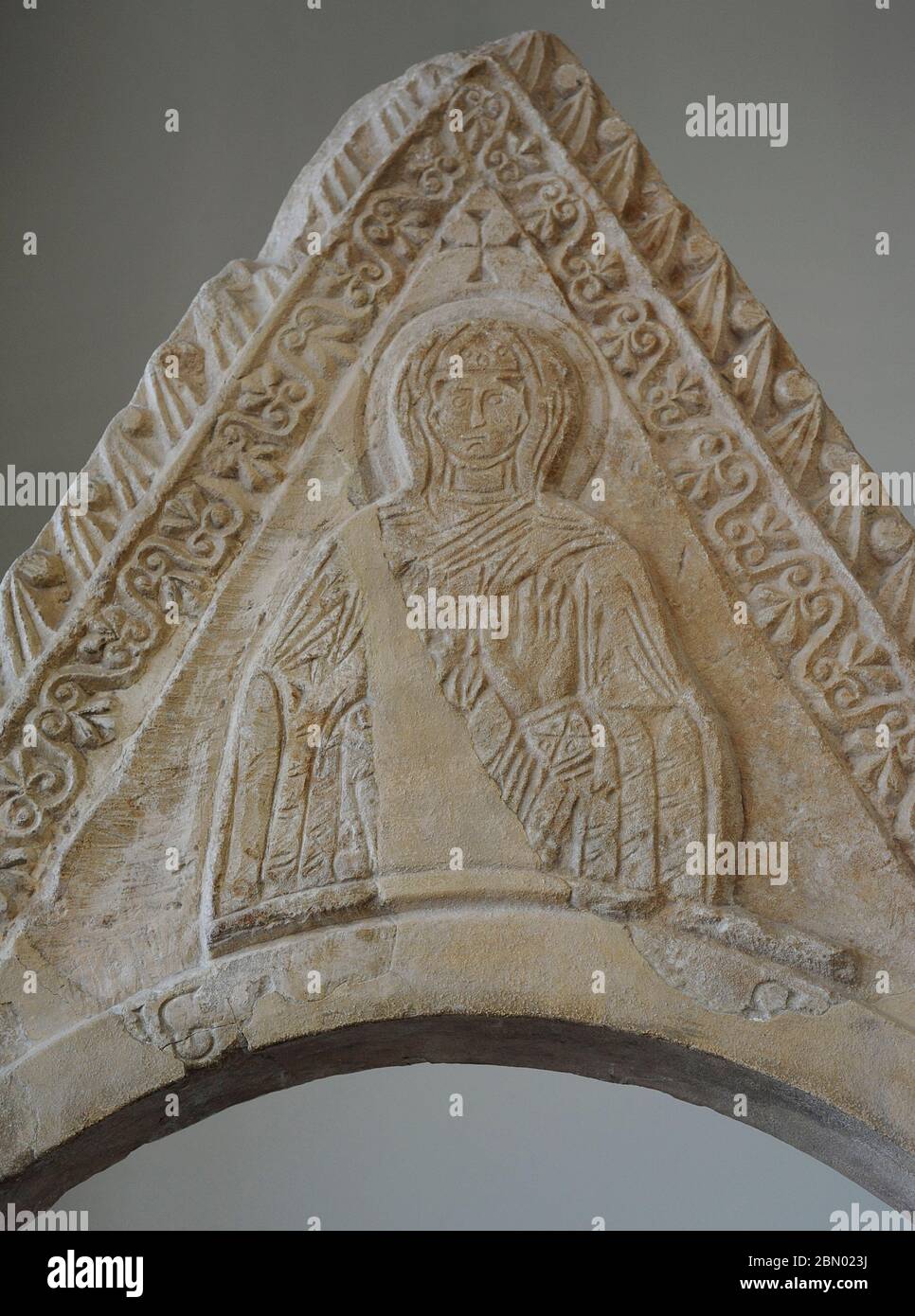 Pediment with figure of the Madonna. From Biskupija, near Knin. 11th century. Croatia. Detail. Museum of Croatian Archaeological Monuments, Split, Croatia. Stock Photo