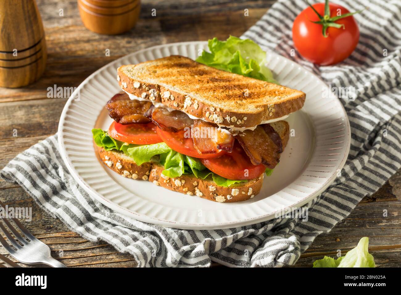 Homemade Bacon Lettuce Tomato BLT Sandwich Ready to Eat Stock Photo