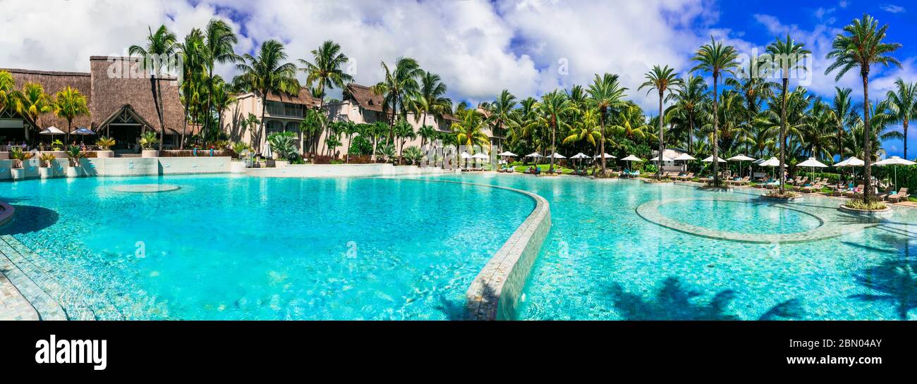 luxury 5 star resort territory with swimming pool and hotel rooms - Lux Bell mare resort . Mauritius island. Coastal Road, Belle Mare. February 2020 Stock Photo