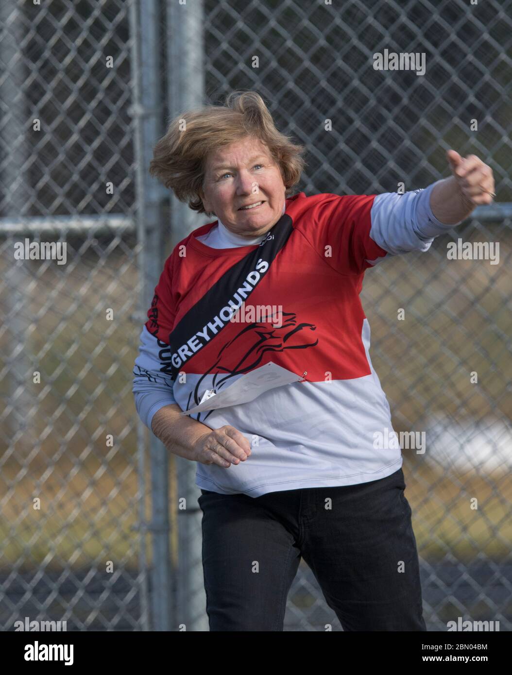 Senior Ladies Discus Throw competition. 60 year old age group Stock Photo