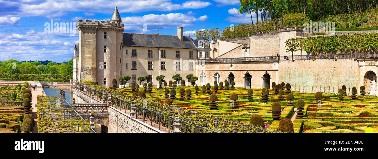 Most beautiful castles of Europe - Villandry with splendid floral gardens . Loire valley, France Stock Photo