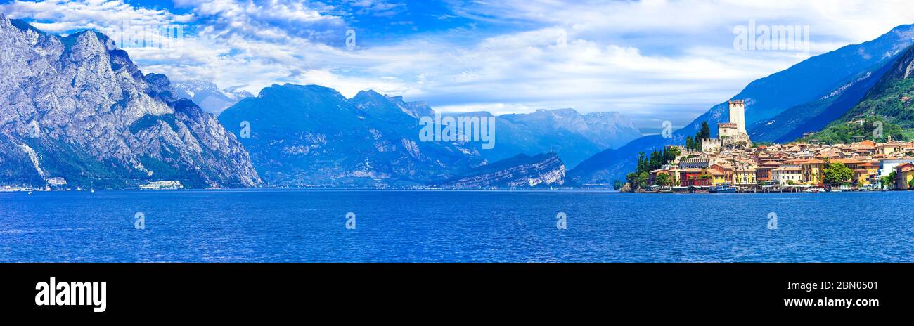 Lake Garda (Lago di Garda) is one of the most popular and beautiful lakes of Italy. View of Malcesine village. Stock Photo