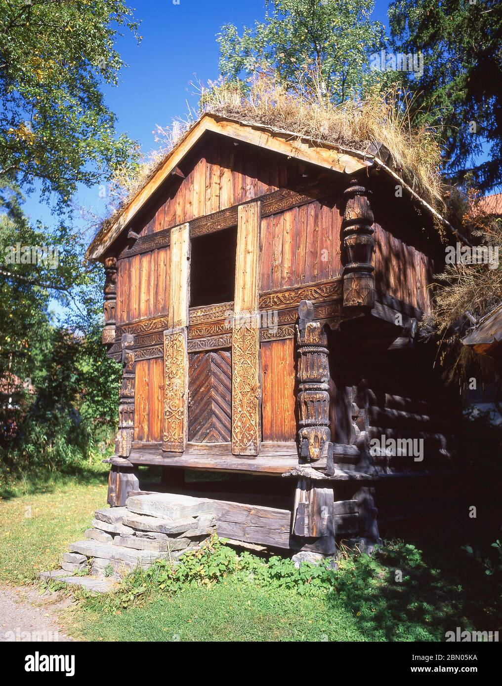 Wooden storehouse in Norwegian Folk Museum (Norsk Folkemuseum), Bygdoy, Oslo, Kingdom of Norway Stock Photo