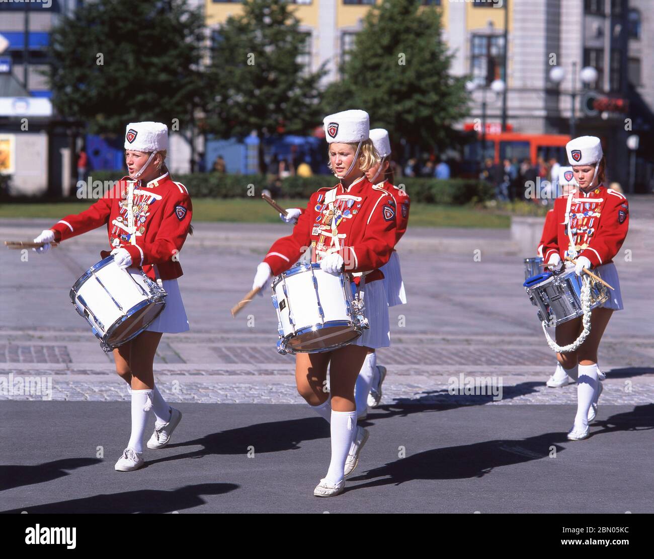 Girl's marching band, Radhusgata, Oslo, Kingdom of Norway Stock Photo