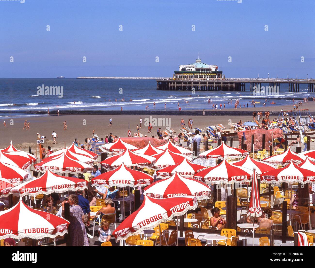 Beach restaurants and pier, Blankenberge Beach, Blankenberge, West Flanders Province, Flemish Region, Belgium Stock Photo