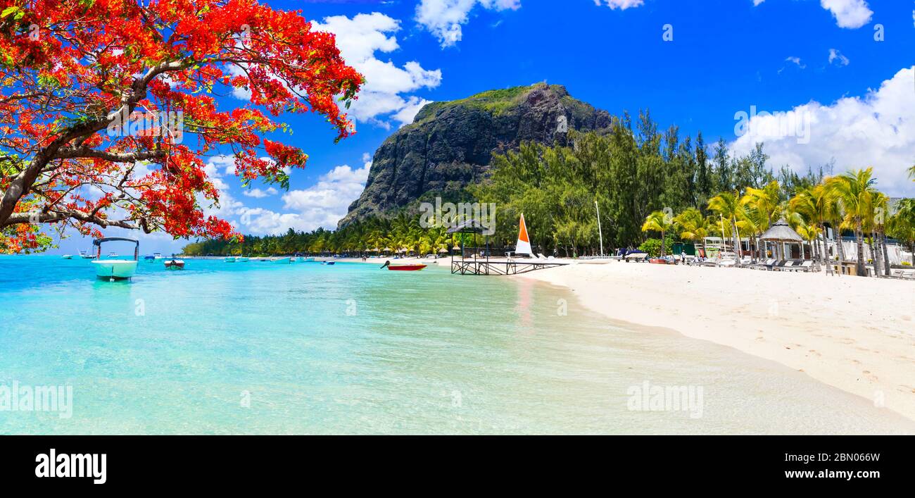 Best tropical destination - paradise island Mauritius and best beach Le Morne Stock Photo