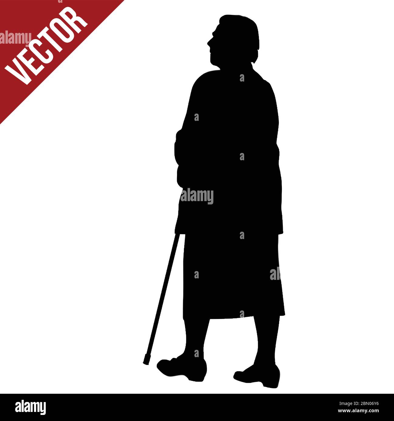 Silhouette of a elderly woman with cane on a white background, vector illustration Stock Vector