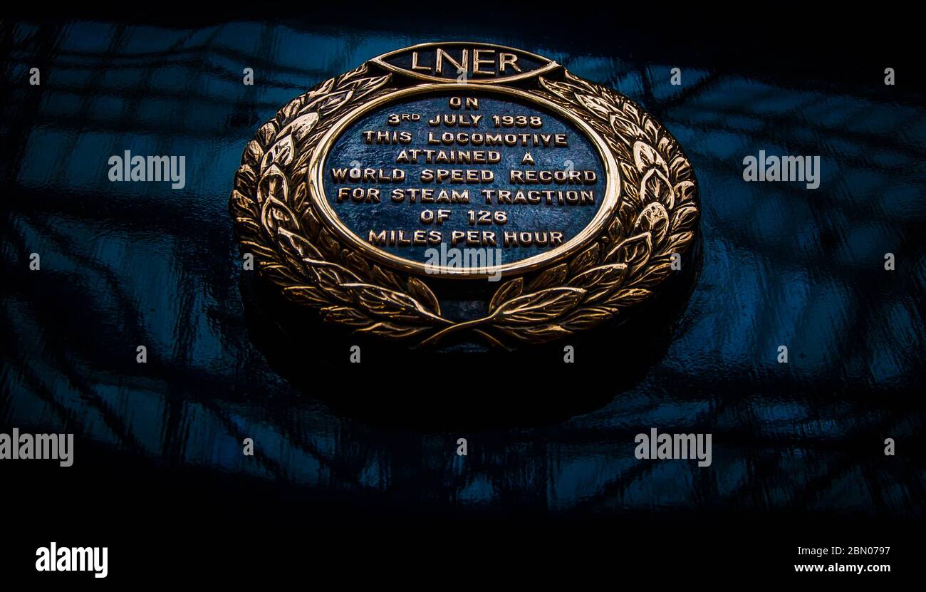 LNER Plaque on the side of Mallard, the Pacific Class A4 steam locomotive no 4468, to this day holder of the world's fastest steam powered vehicle Stock Photo