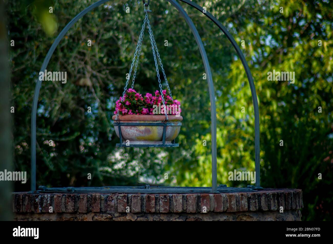 A hanging basket of pink flowers hangs on a metal frame over a brick entrance to a well with sunlit trees in the blurred background Stock Photo