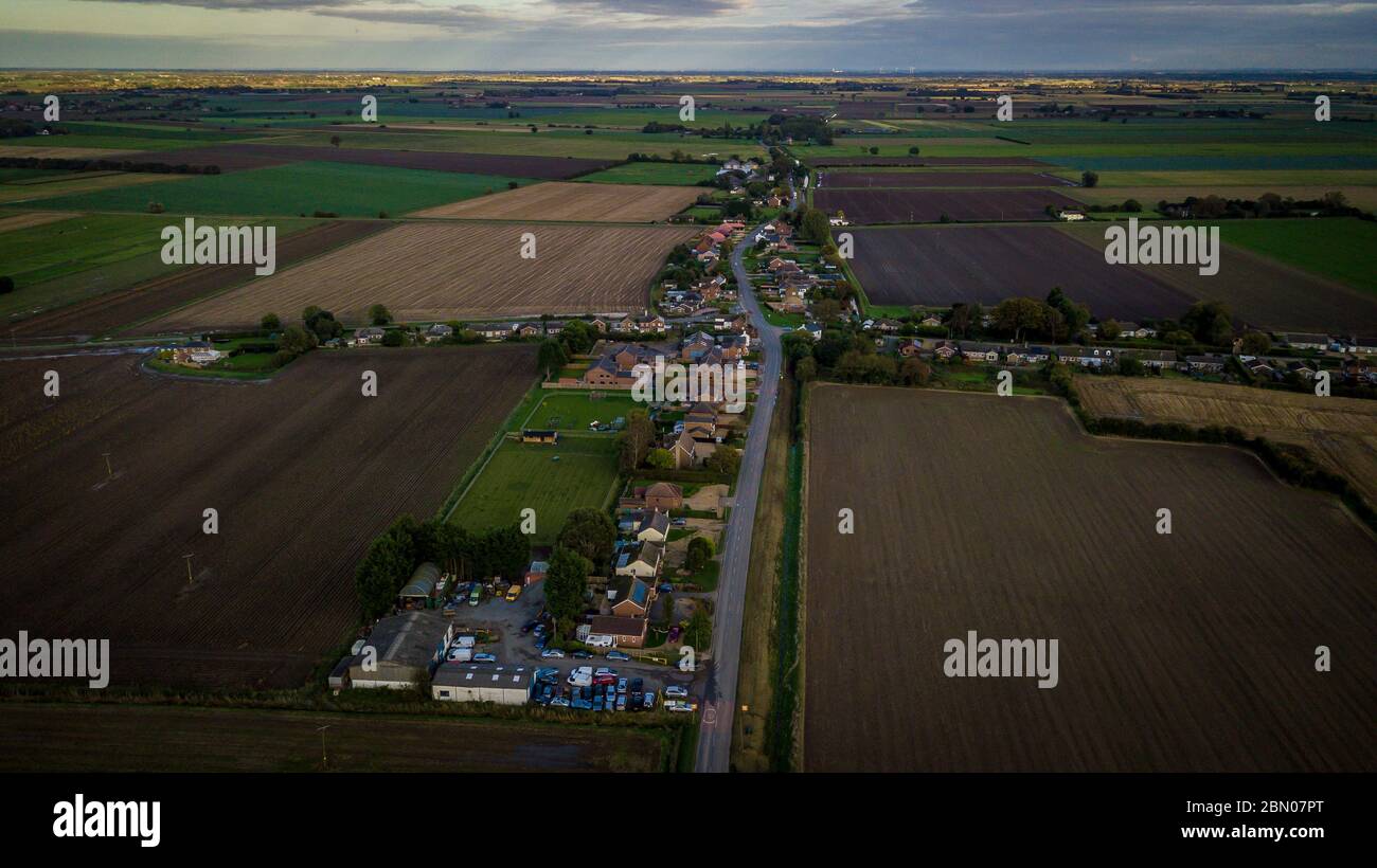 Aerial drone point of view shot of Broadgate Crossroads, Weston Hills, Spalding, Lincolnshire looking east Stock Photo