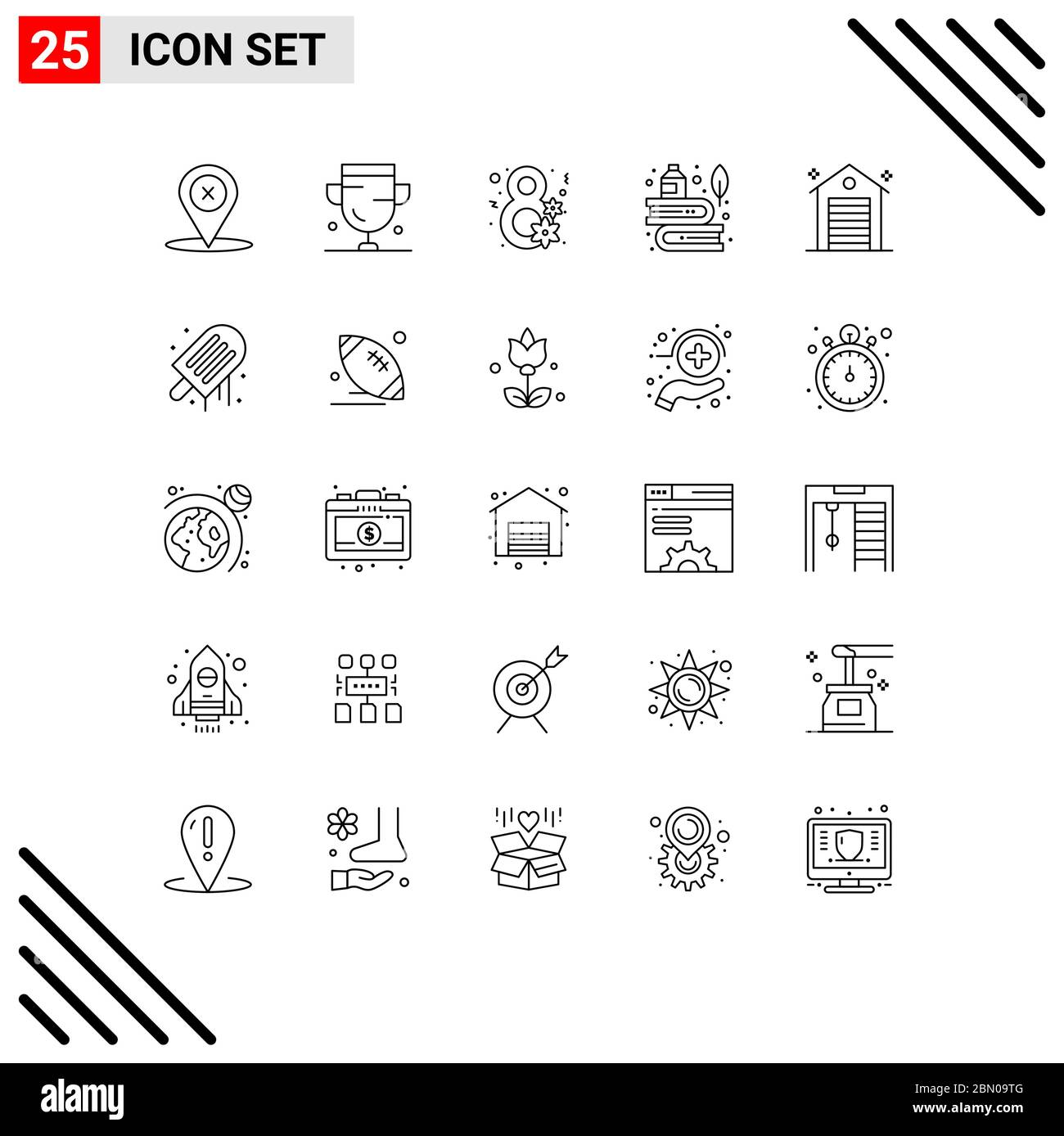 Set of 25 Modern UI Icons Symbols Signs for ink, feather, trophy, education, women day Editable Vector Design Elements Stock Vector