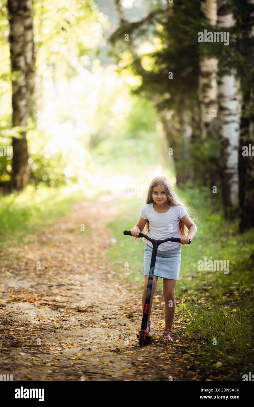 Little girl running scooter in summer forest Stock Photo - Alamy