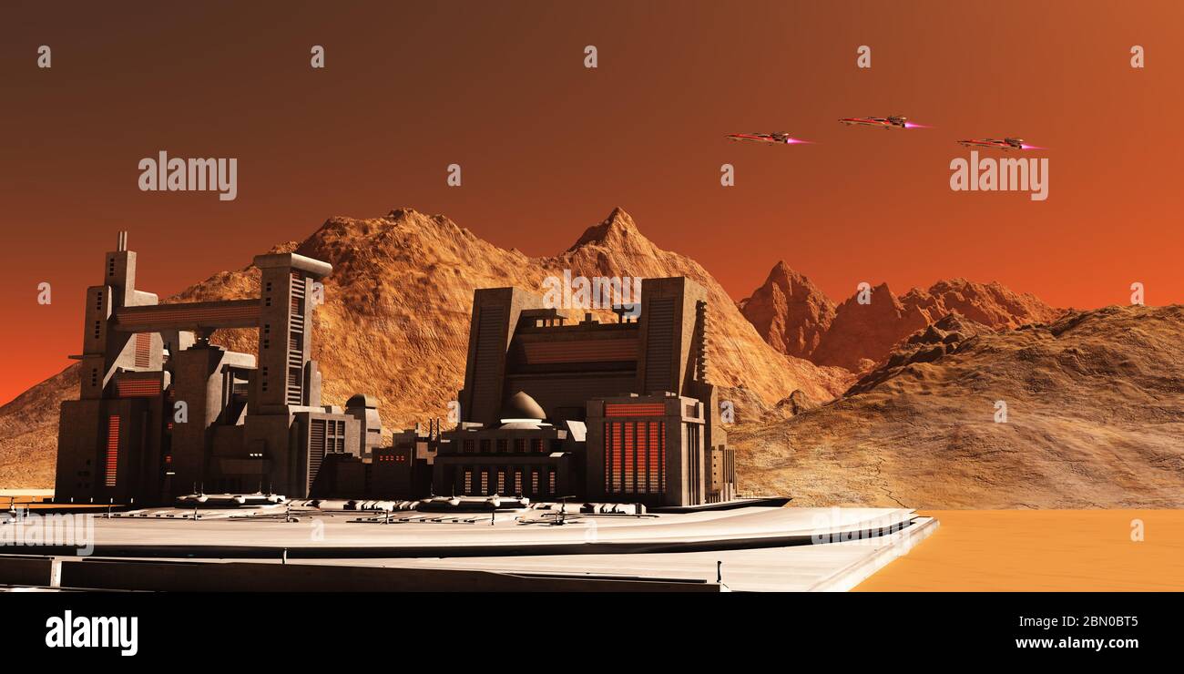 Three spacecraft fly near an installation habitat on the red planet of Mars in the future. Stock Photo
