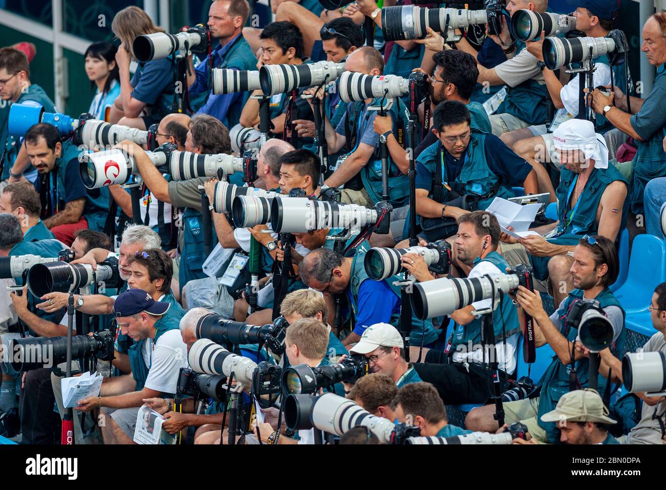 Photographers at the Athens Olympic Aquatic Centre at the 2004 Olympic Summer Games, Athens. Stock Photo
