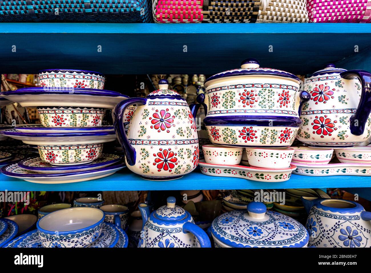 Talavera cookware in the market, Valle de Bravo, Mexico. Stock Photo