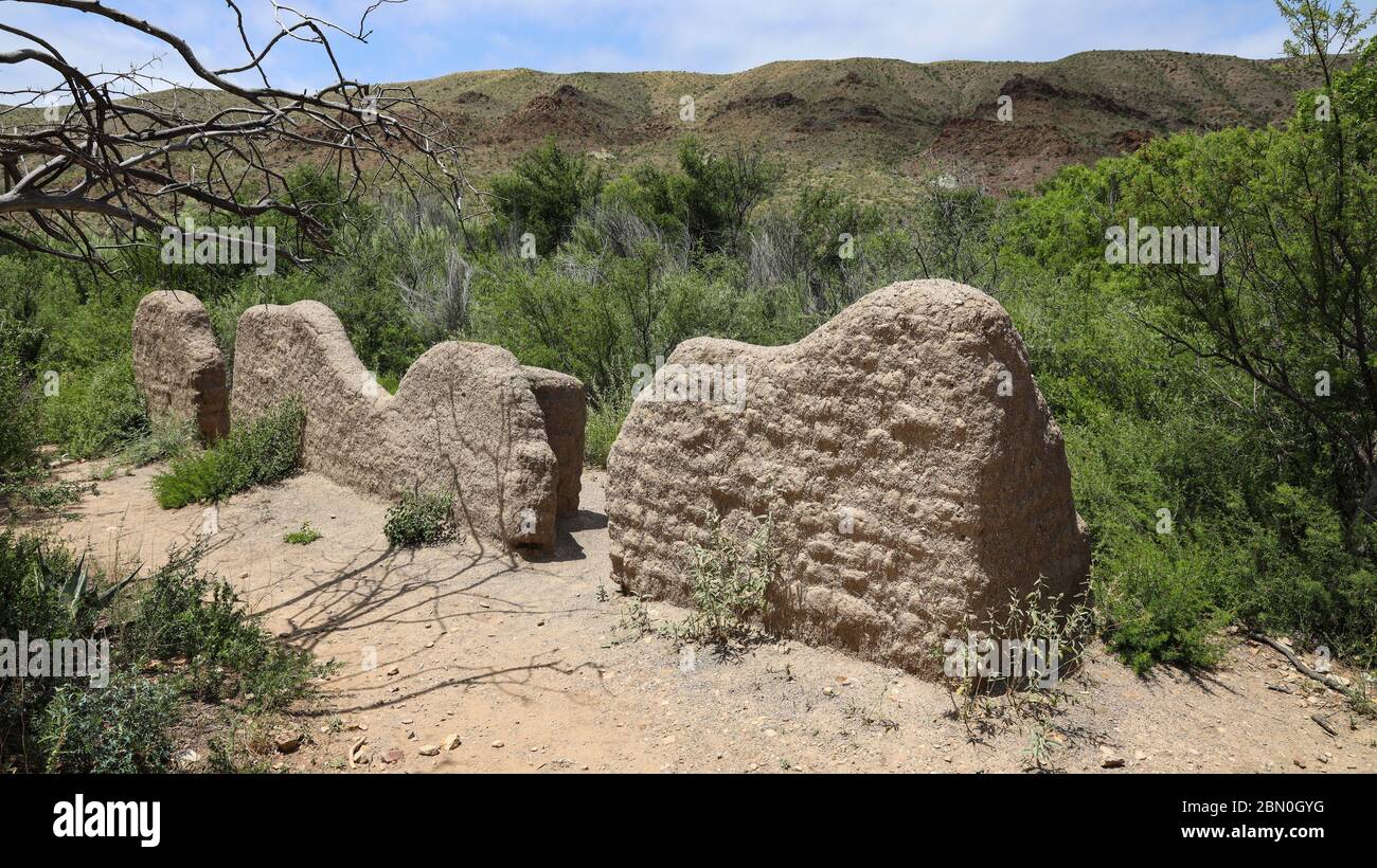 Portions of adobe walls are all that remain of the Sam Nail Ranch home located inside Great Bend National Park, Texas Stock Photo