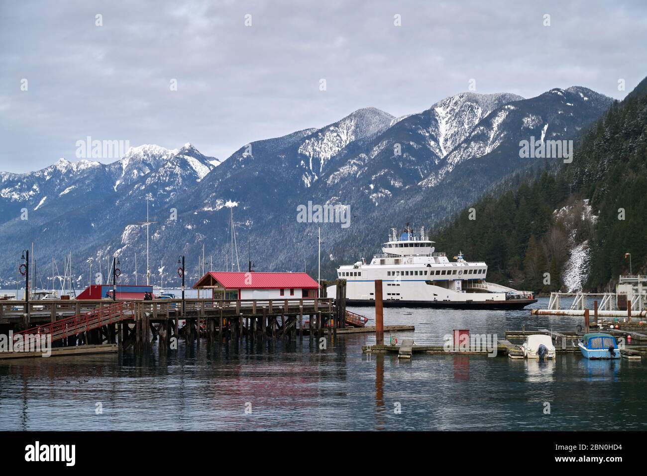 Horseshoe Bay Ferry Terminal Winter. A BC Ferry pulls into the