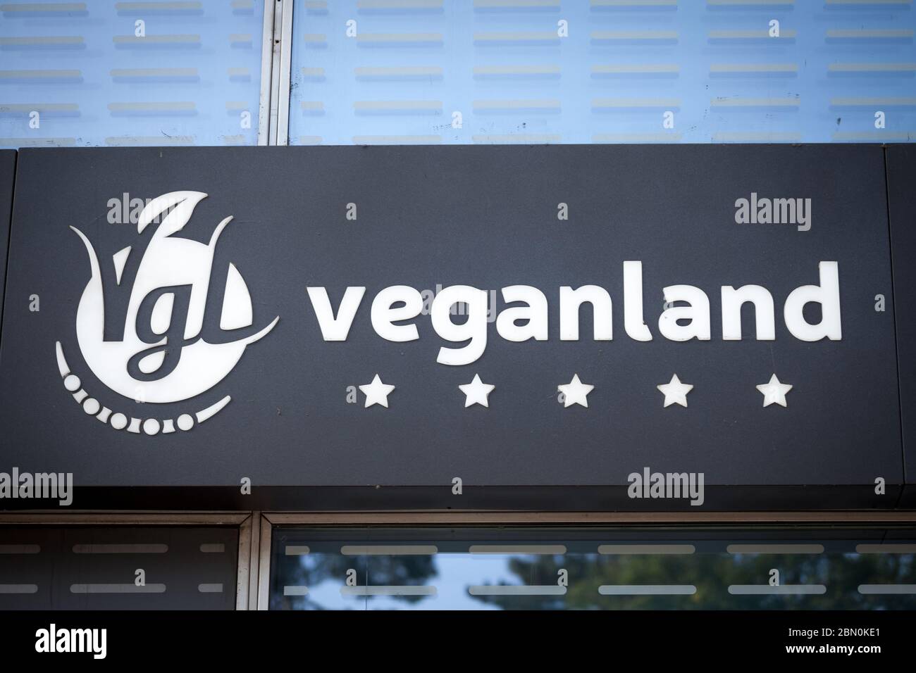PRAGUE, CZECHIA - OCTOBER 31, 2019: Veganland logo in front of their main restaurant for Prague. Veganland is a fast food franchise chain specialized Stock Photo