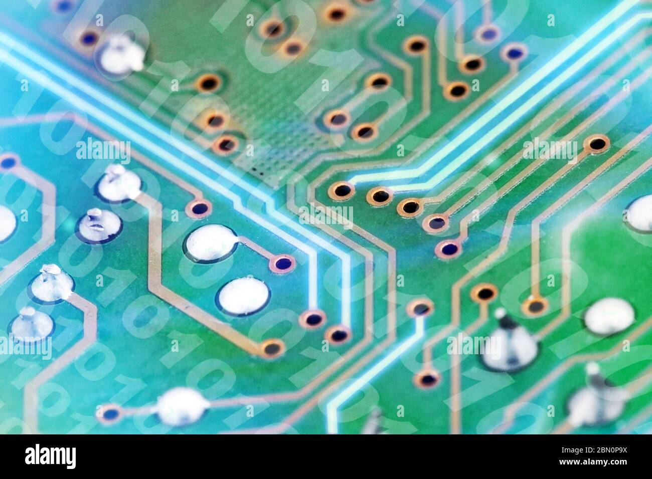 Futuristic electronic circuit board with binary code. Network and big data concept, elements of artificial intelligence . Stock Photo