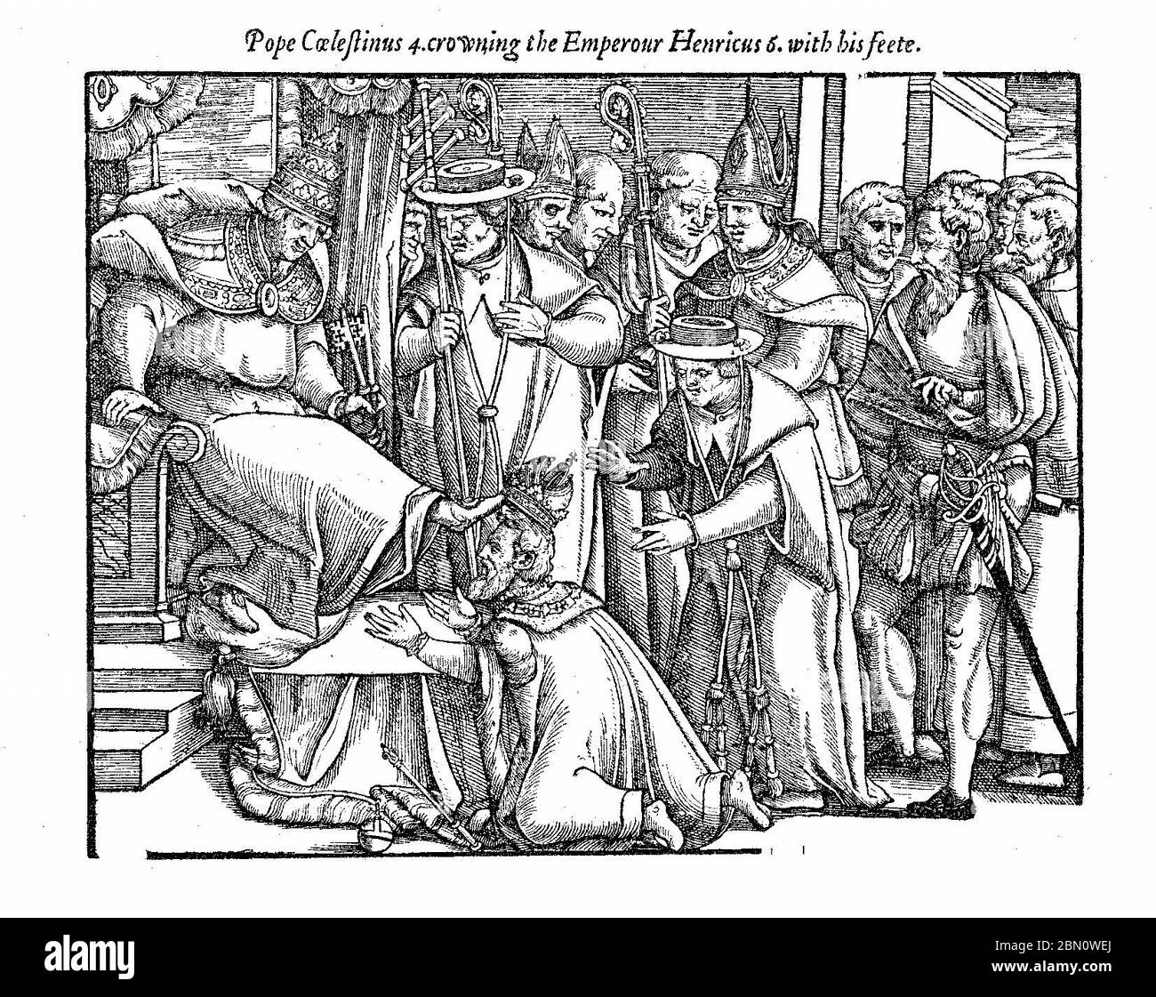 Pope Caelestinus IV crowning the Emperor Henry VI with his feet. Note: This pope is currently known as Caelestinus III, the publisher probably considered antipope Caelestinus II (1124) a true pope. 1563 Stock Photo