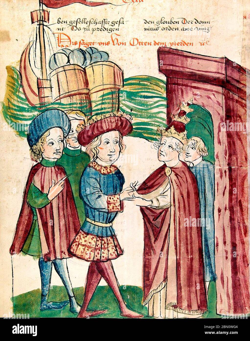 Otto IV and Pope Innocent III shake hands in front of the arriving ships of Frederick II, circa 1450 Stock Photo