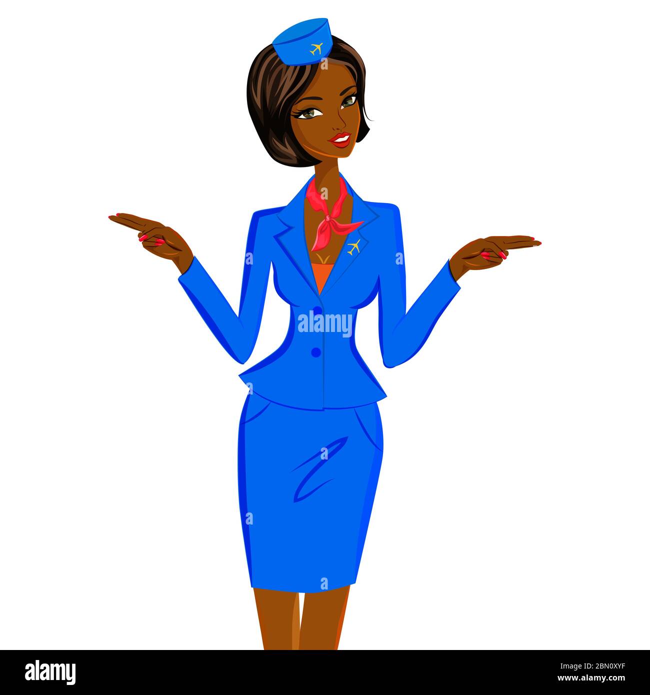 Cute cheerful dark skin female flight attendant in blue and red uniform gesturing emergency exits on the plane. Vector character illustration isolated Stock Vector