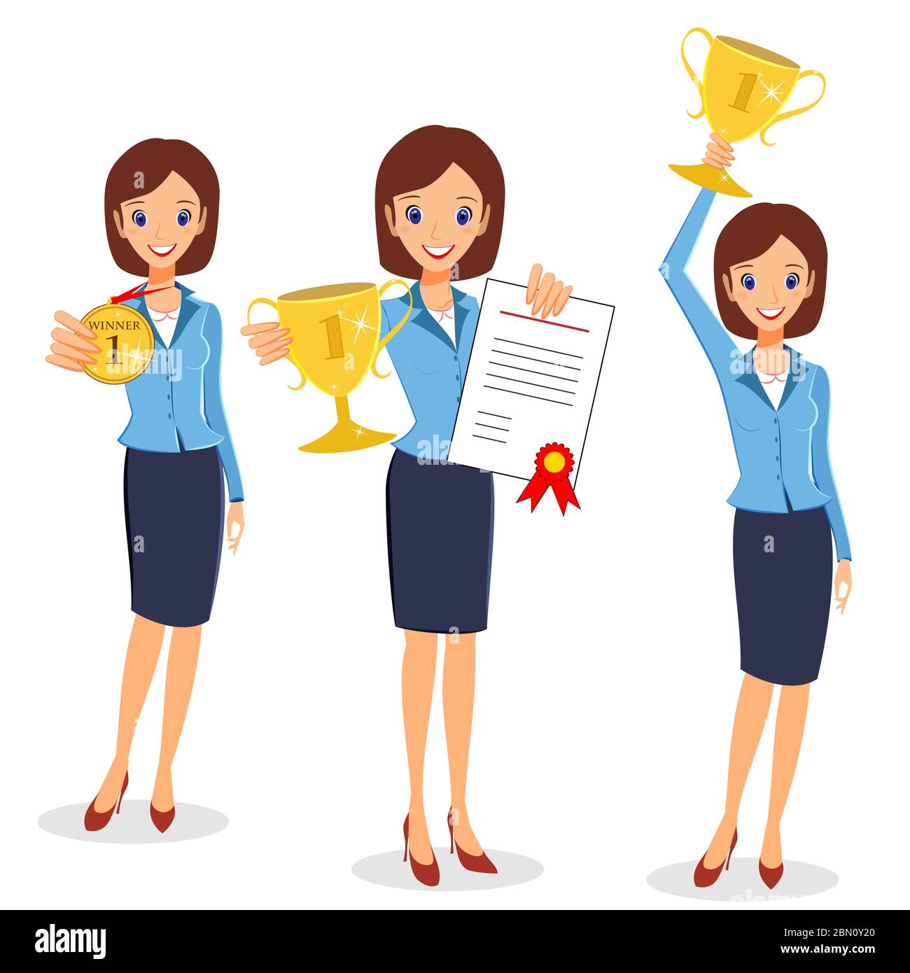 Businesswoman concept winner success. Business woman character vector set, collection. Excited smiling cartoon female raising trophy prize, medal and Stock Vector