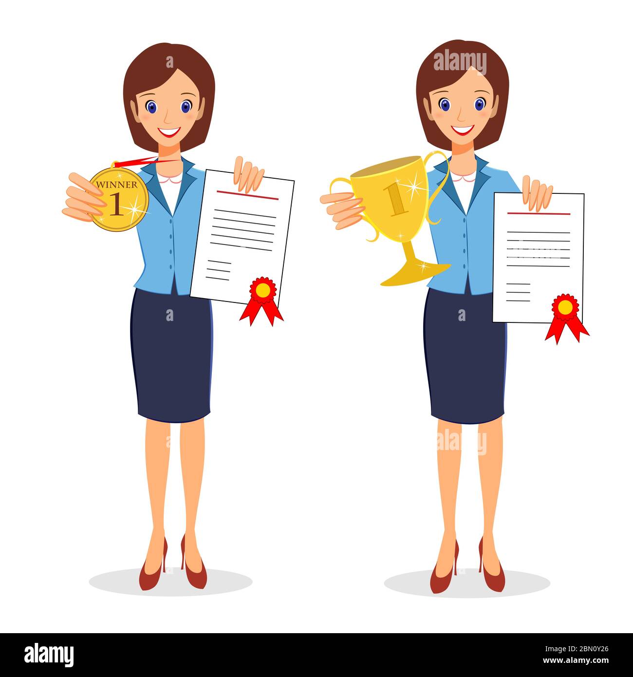 Businesswoman concept winner success. Business woman character vector set, collection. Excited smiling cartoon female raising trophy prize, medal and Stock Vector