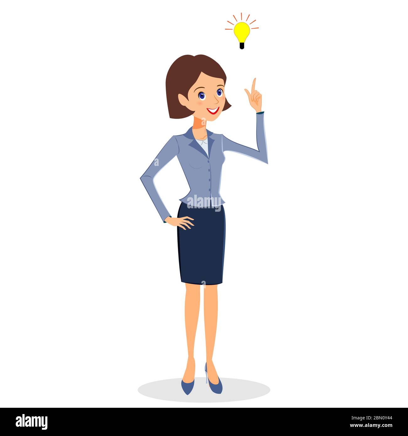 Business woman character vector. Cheerful smiling business woman character with light bulb. Problem solving, idea and creativity concept. Woman busine Stock Vector