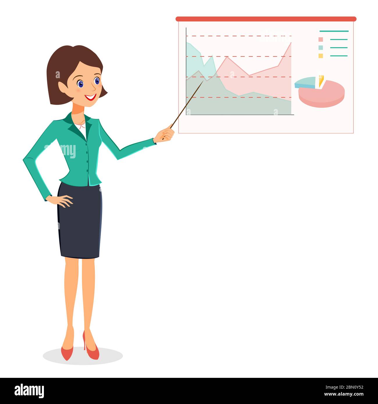 Business woman pointing on graph, diagram. Cheerful smiling woman in business suit making presentation. Vector person character isolated on white back Stock Vector