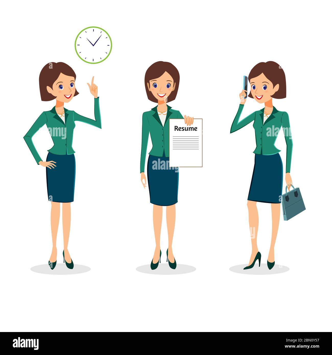 Business woman character vector set. Office life character collection. Cheerful business woman character, time management and job search concept. Woma Stock Vector