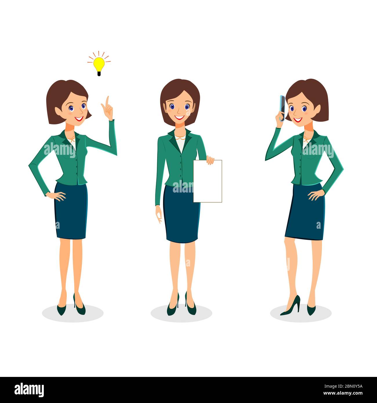 Business woman character vector set. Cheerful business woman character. Creative thinking and office life concept. Woman career collection isolated on Stock Vector