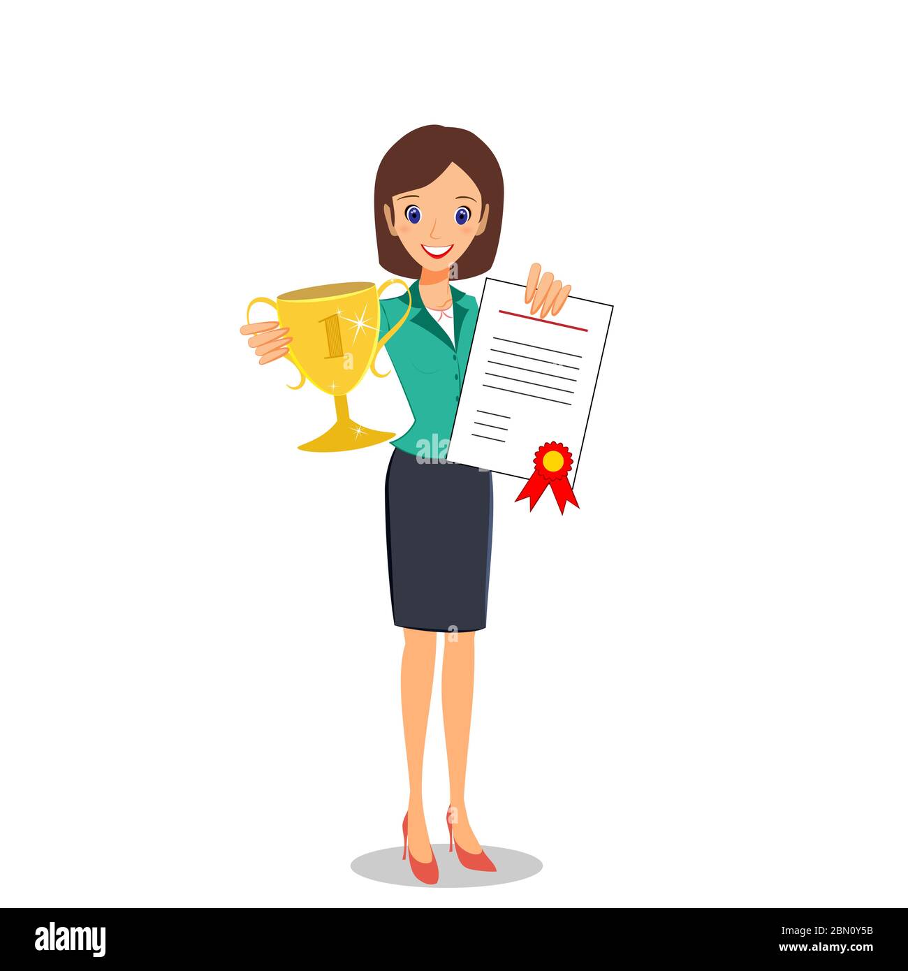 Businesswoman concept winner success. Business woman character vector.  Excited smiling cartoon female raising trophy prize and certificate.  Isolated o Stock Vector Image & Art - Alamy