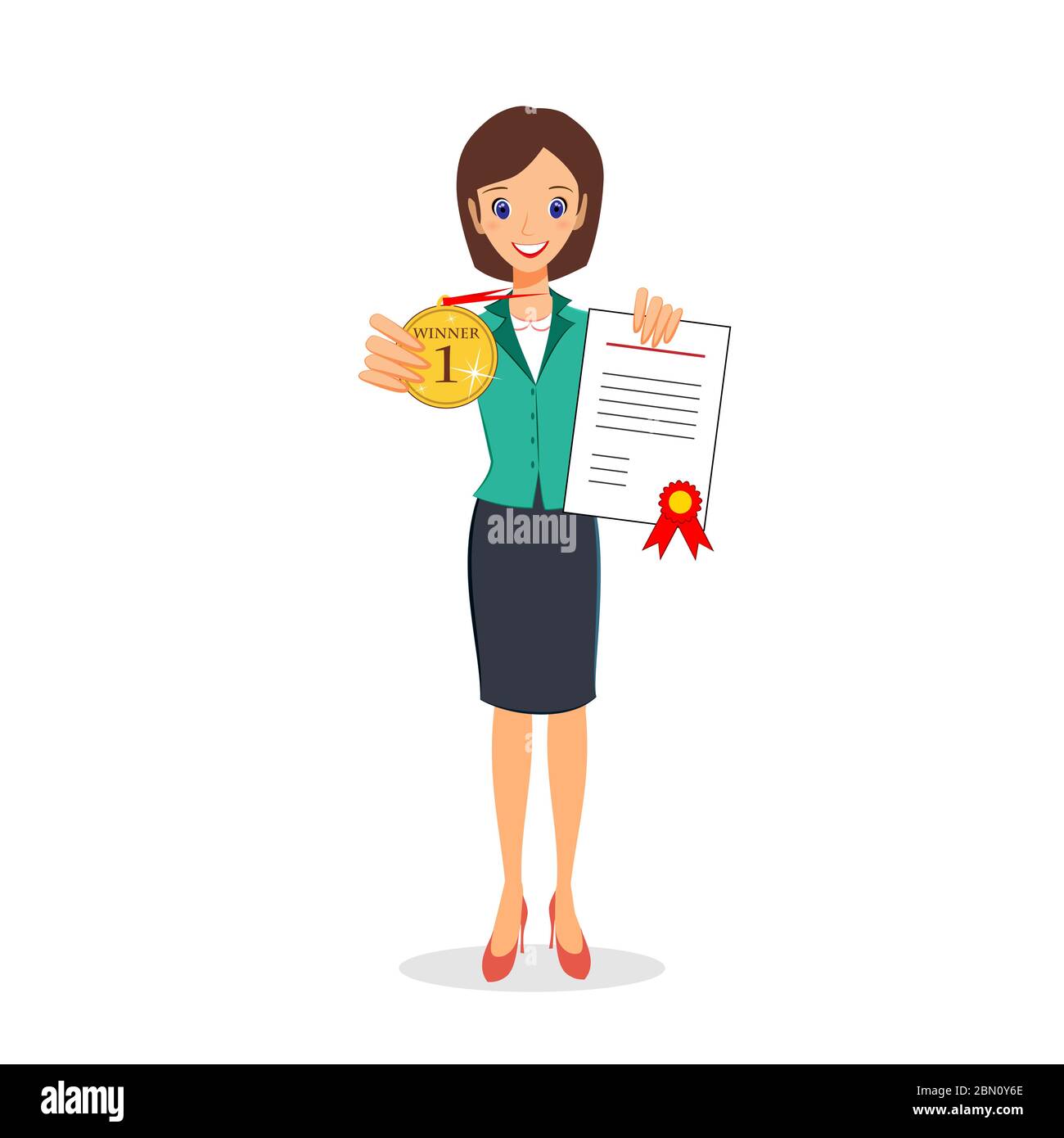 Businesswoman winner, success concept. Excited smiling female in business suit showing golden medal and certificate. Cartoon character vector isolated Stock Vector