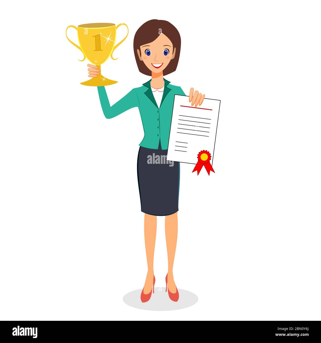Businesswoman concept winner success. Business woman character vector.  Excited smiling cartoon female raising trophy prize and certificate.  Isolated o Stock Vector Image & Art - Alamy