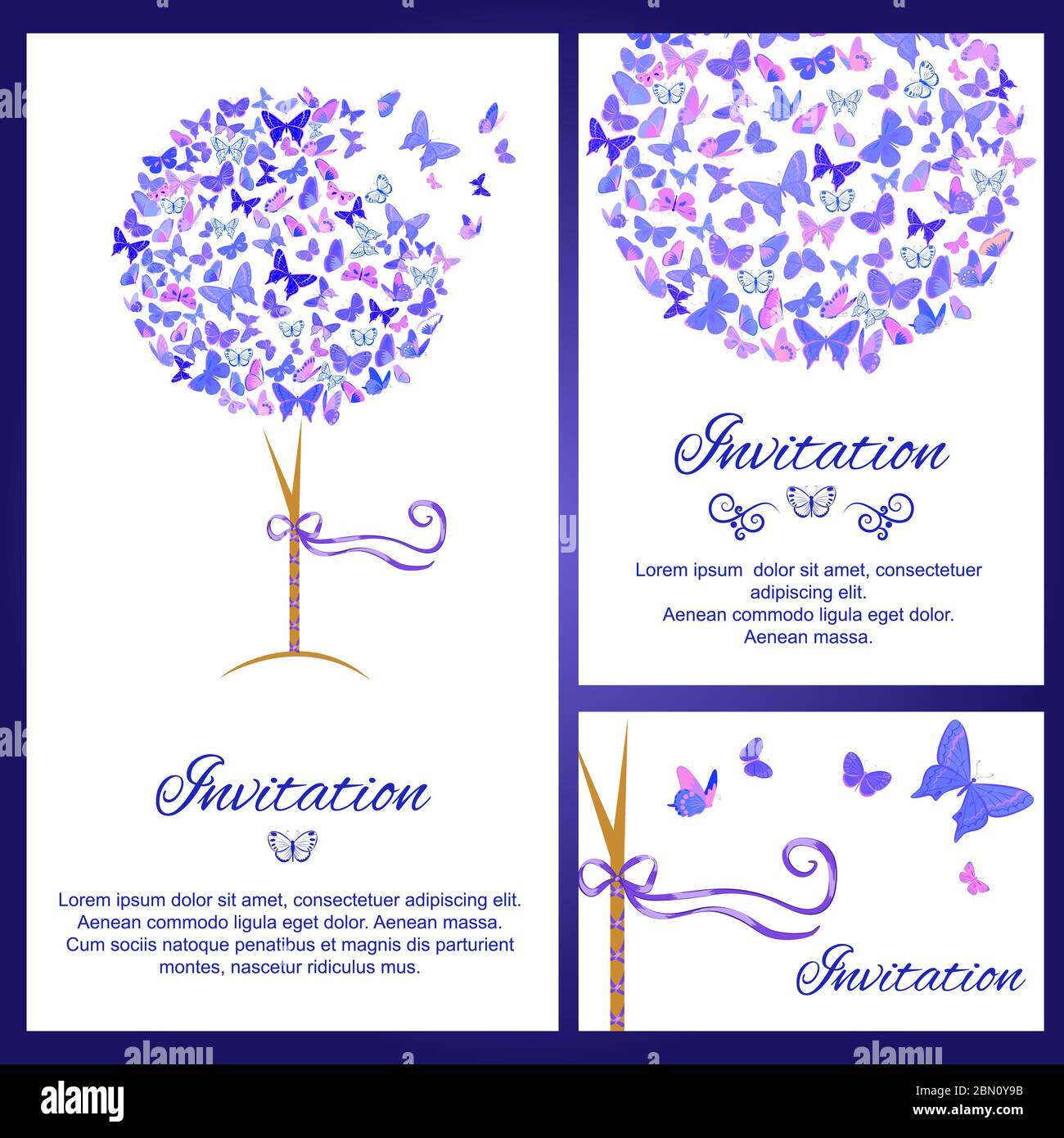 Wedding invitation set with butterflies in blue color. Simple and elegant vector invitation, card template. Copy space. Perfect as wedding invitation Stock Vector