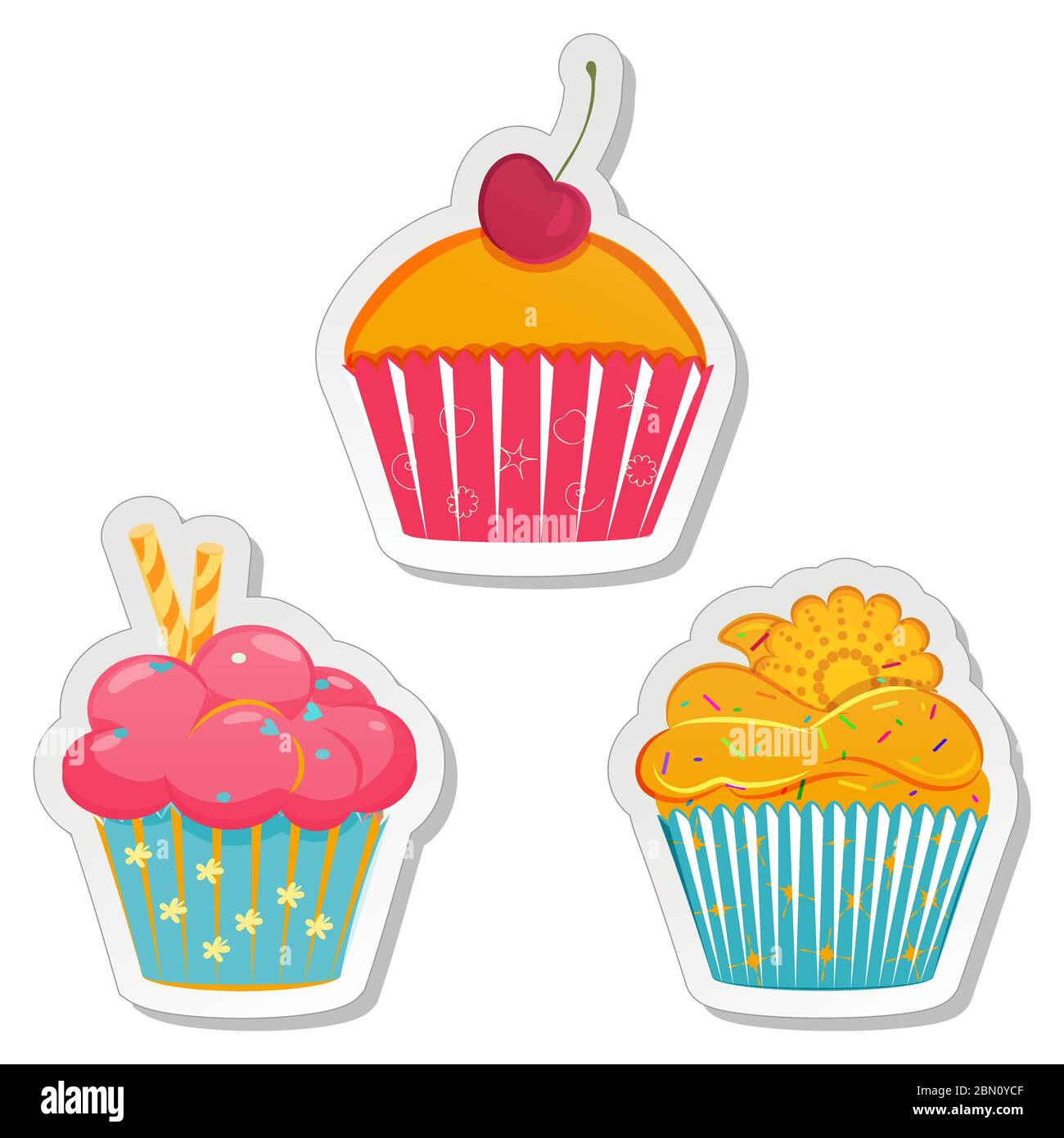 Food sticker set. Collection of labels of cupcakes, muffins with