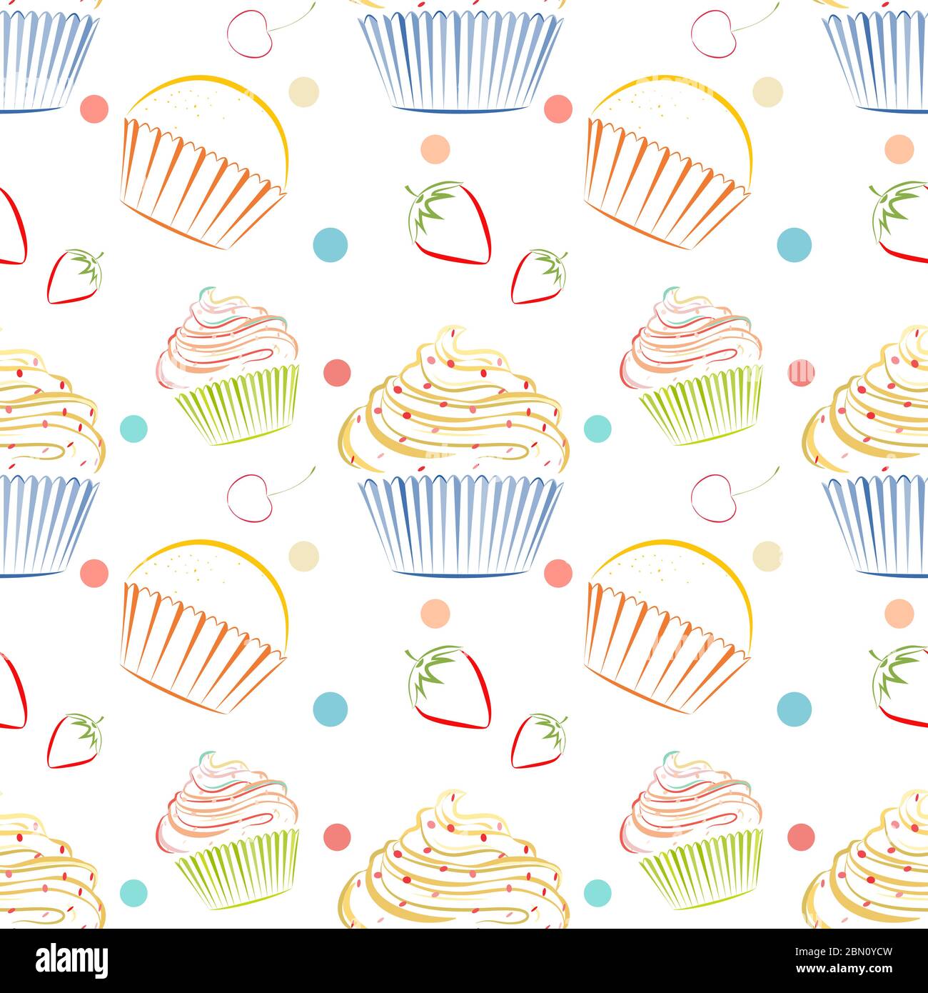 Elegant vector seamless pattern with different cupcakes. Unique doodle style line drawing food background with dessert as main theme. Kitchen themed w Stock Vector