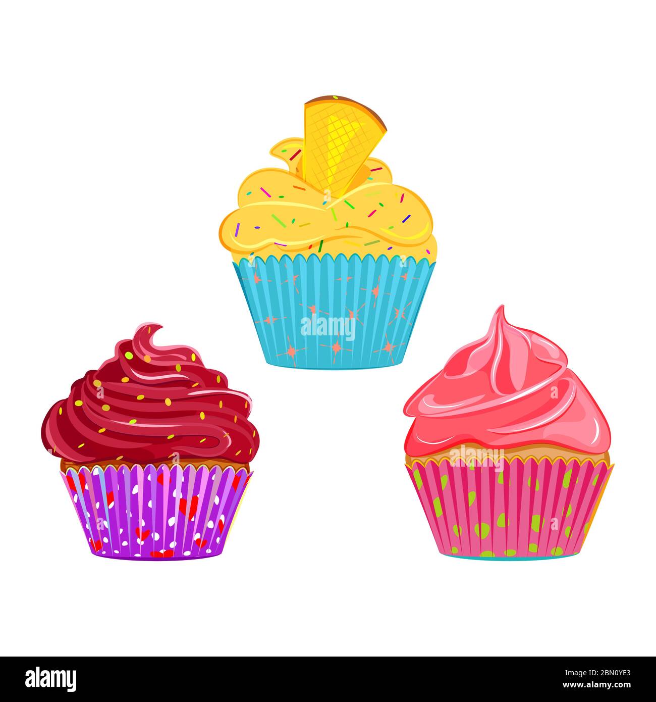 Set of vector cupcakes, muffins with different toppings and cases. Cream topping with sprinkles cupcake collection isolated on white. Great as web ico Stock Vector