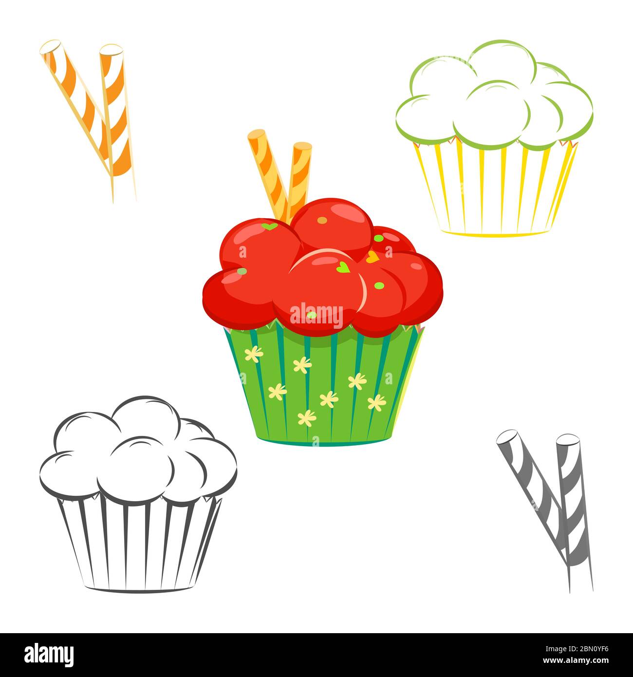 Cream topping cupcake set. Muffin with red topping and waffle sticks outline, line drawing. Great as web icons, design elements or labels, wrapping pa Stock Vector