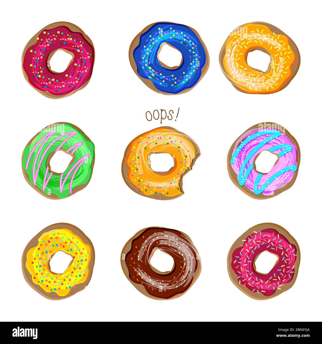 Donut vector set. Coloured donuts with different icings and sprinkles. Sweet desserts cakes doughnut cookies. Bakery set of donuts, donut collection i Stock Vector