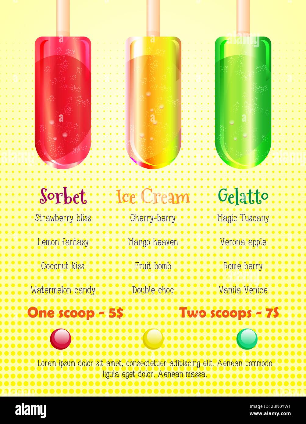 Ice cream, gelato and sorbet menu cover. Bright retro summer menu cover with colorful ice cream lollies and space for text Stock Vector